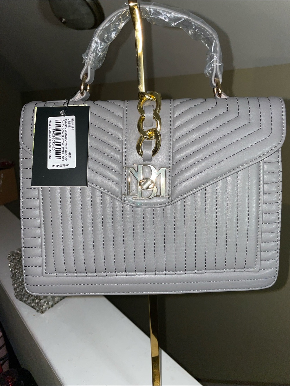 Badgley Mischka Quilted Satchel in Light Gray with Gold Accent